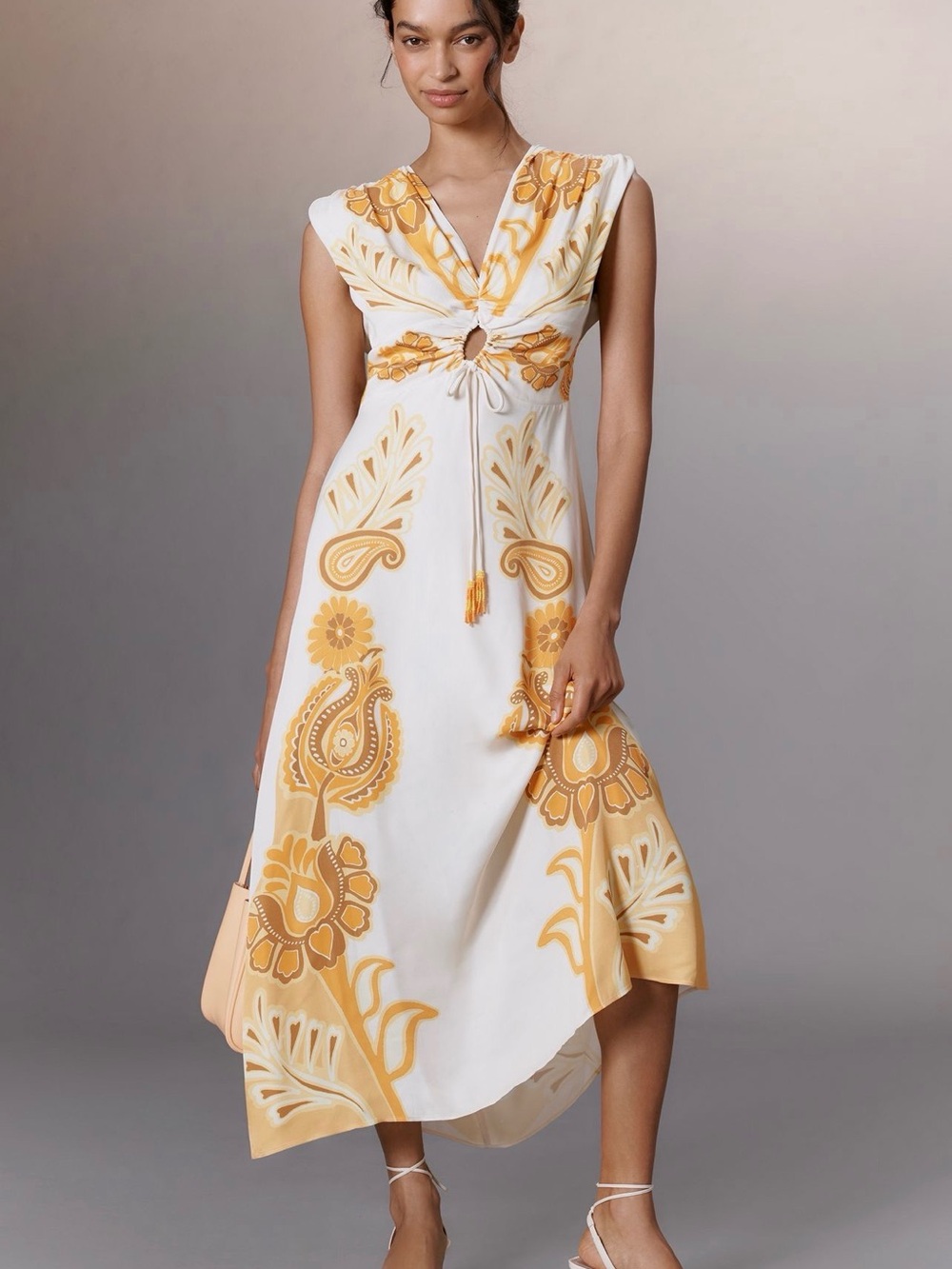 FARM Rio Anthropologie Cream Midi Slip Dress Yellow Print XS NWT $268